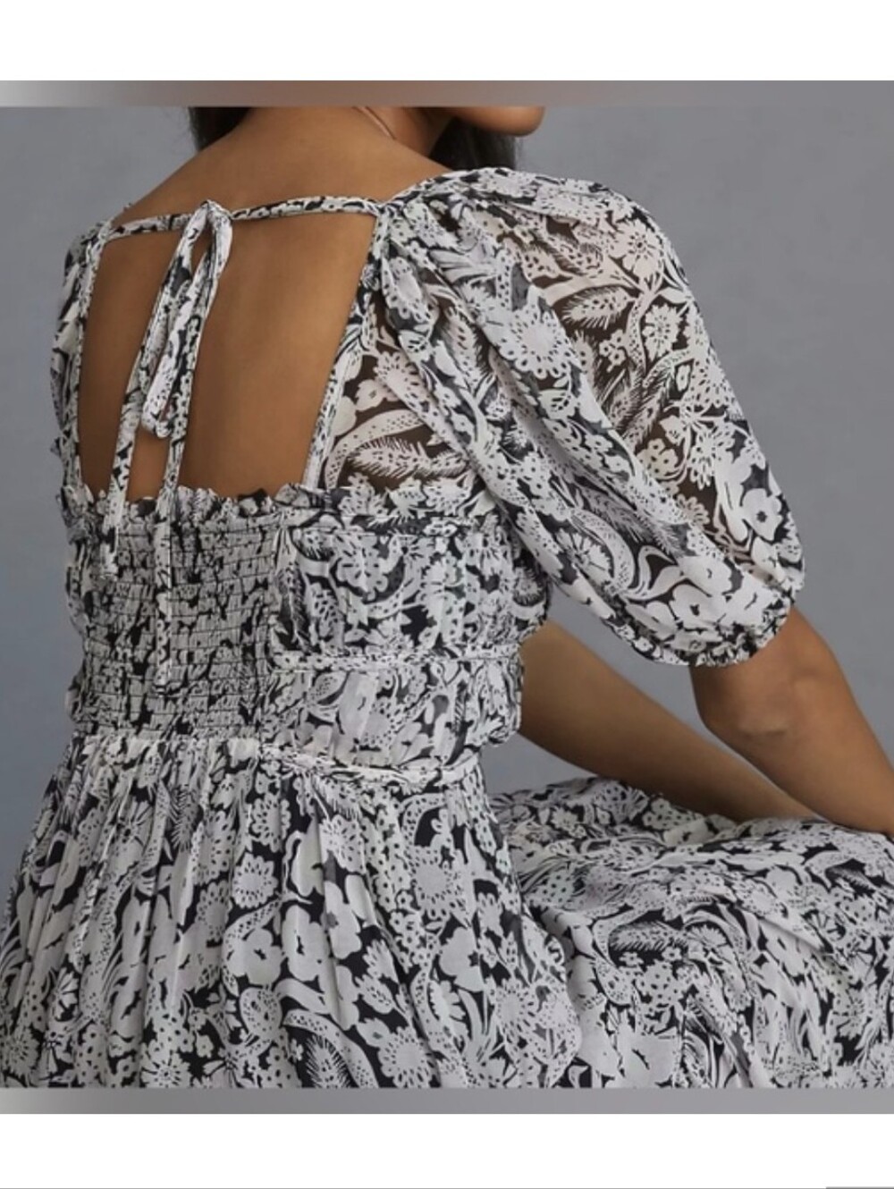 Anthropologie Black & White Square Neck Smocked Midi Dress S - Picture 3 of 16